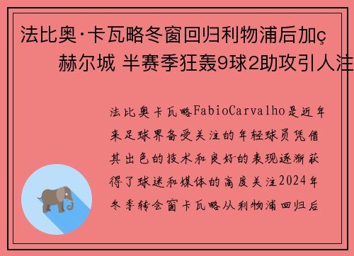 法比奥·卡瓦略冬窗回归利物浦后加盟赫尔城 半赛季狂轰9球2助攻引人注目 法比奥·卡瓦略冬窗回归利物浦后加盟赫尔城 半赛季狂轰9球2助攻引人注目